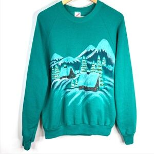 VTG 90s Graphic Crewneck Sweatshirt XL Nature Scene Mountain Ski Made in USA